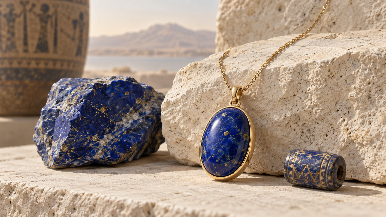 Gold lapis lazuli pendant with rough lapis and an ancient-style bead