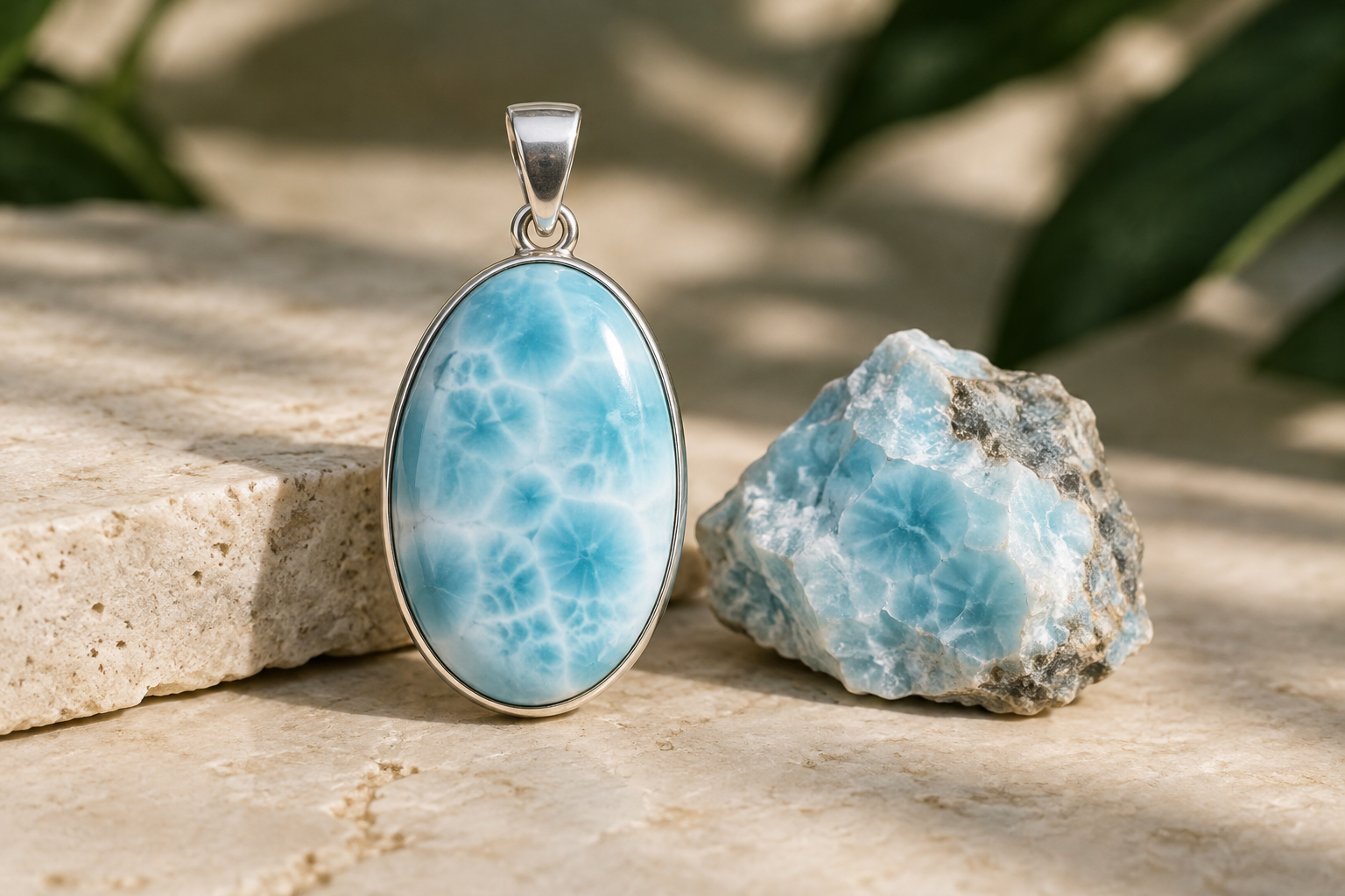 Sky-blue larimar pendant with white pectolite pattern beside rough material