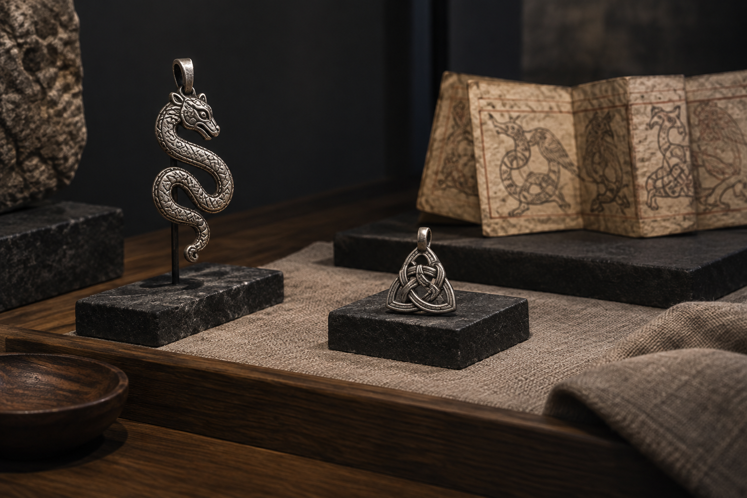 Serpent-form and knot pendants displayed separately from manuscript-inspired material