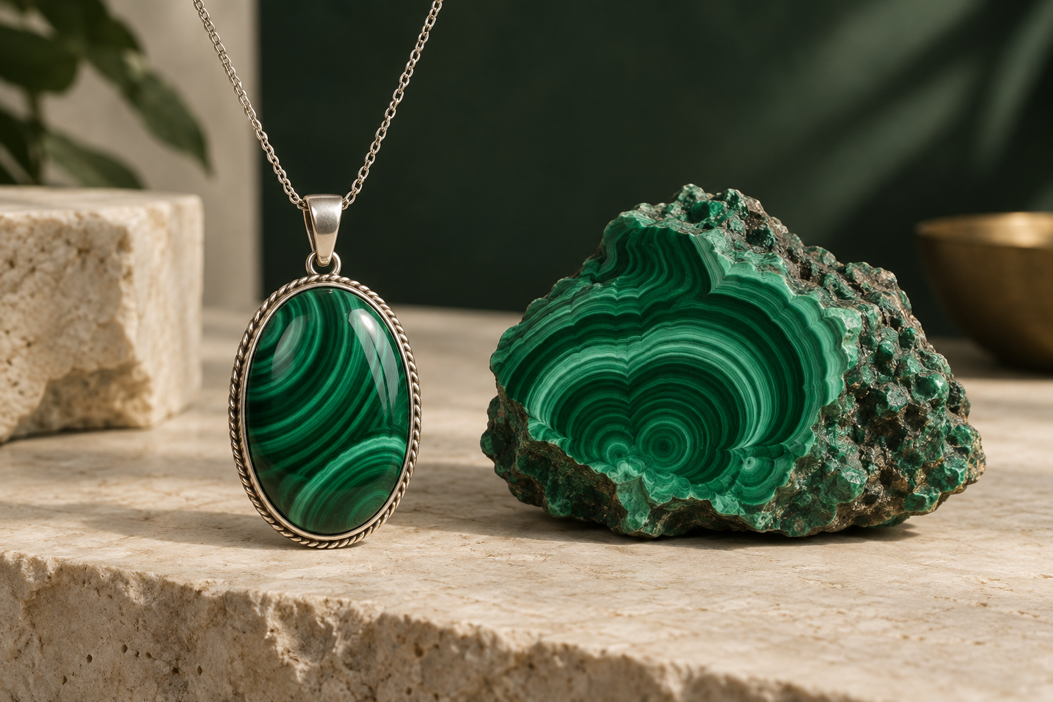 Banded green malachite necklace beside a rough malachite specimen