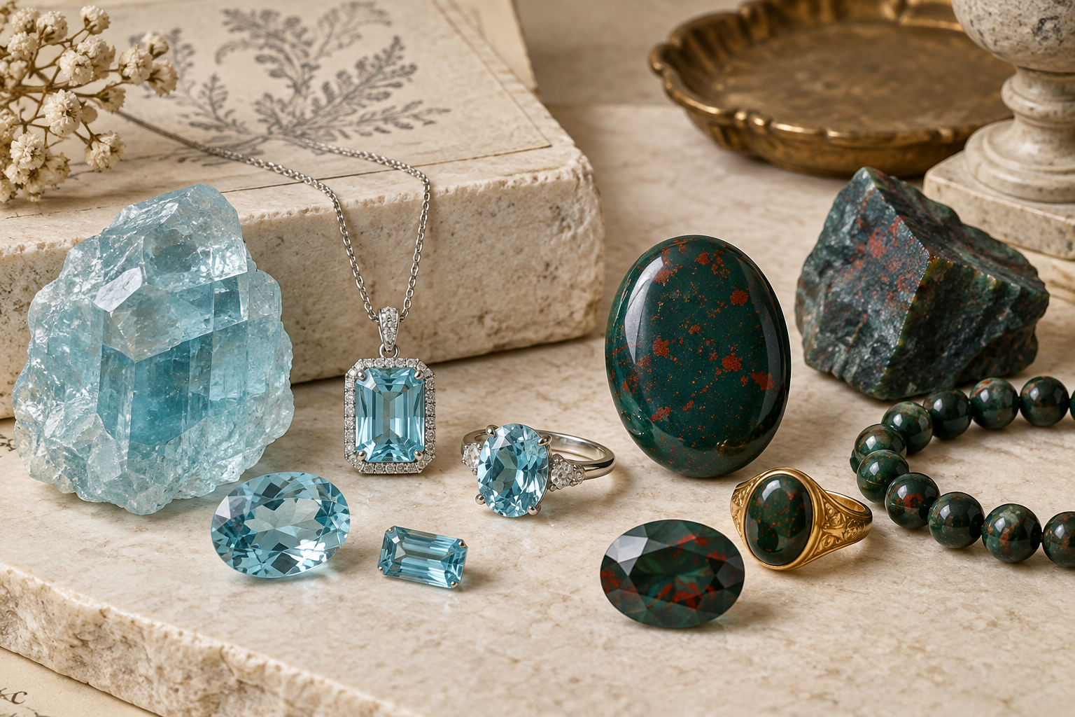 Aquamarine and bloodstone jewelry with loose gem material