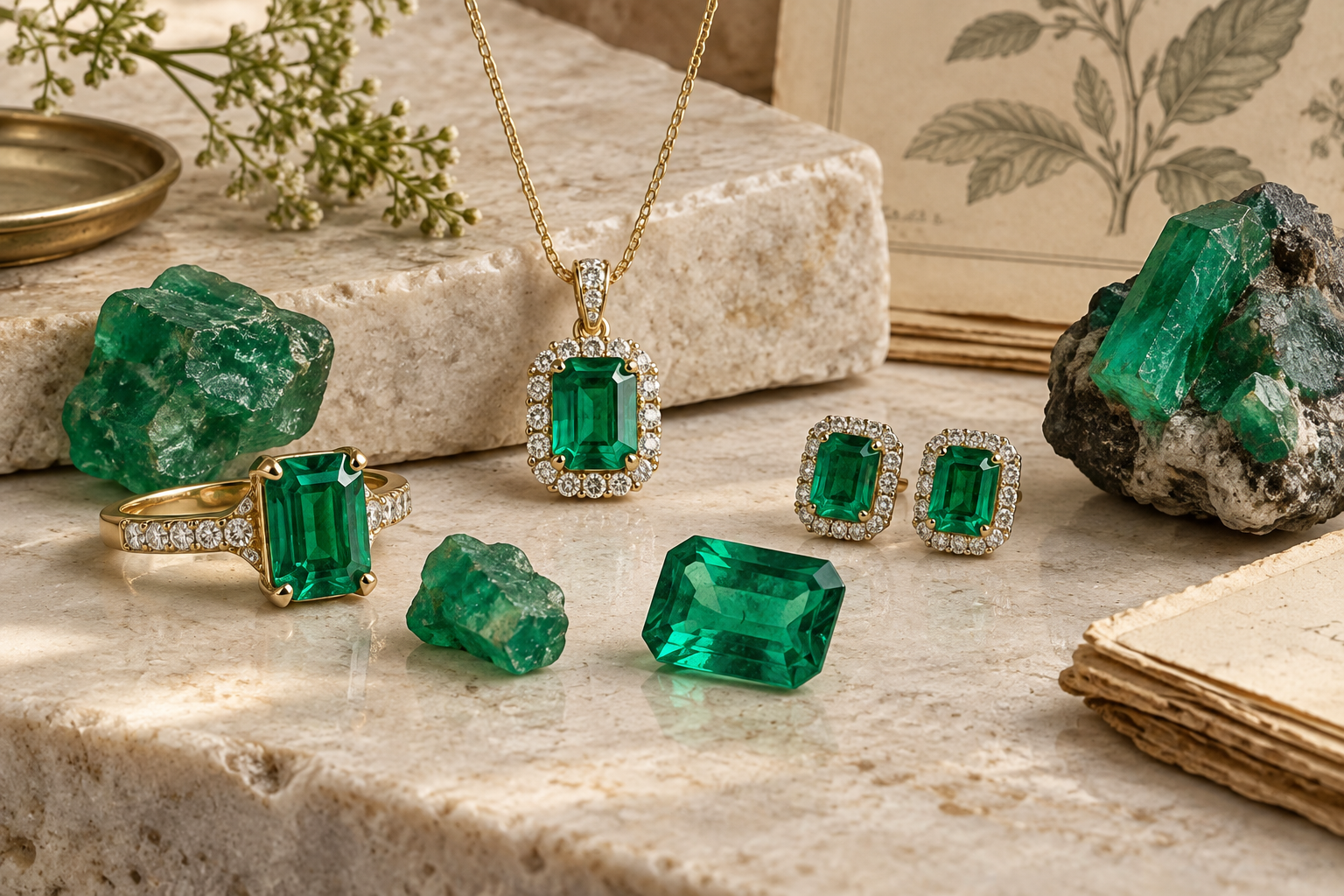 Emerald jewelry and green gem material on an ivory stone surface