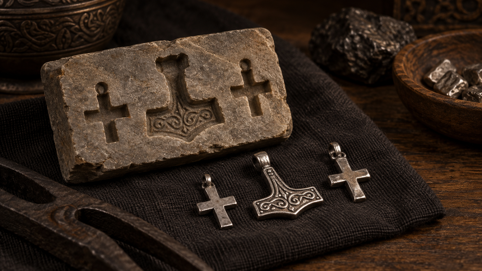 Soapstone mould and silver hammer and cross pendants illustrating religious change