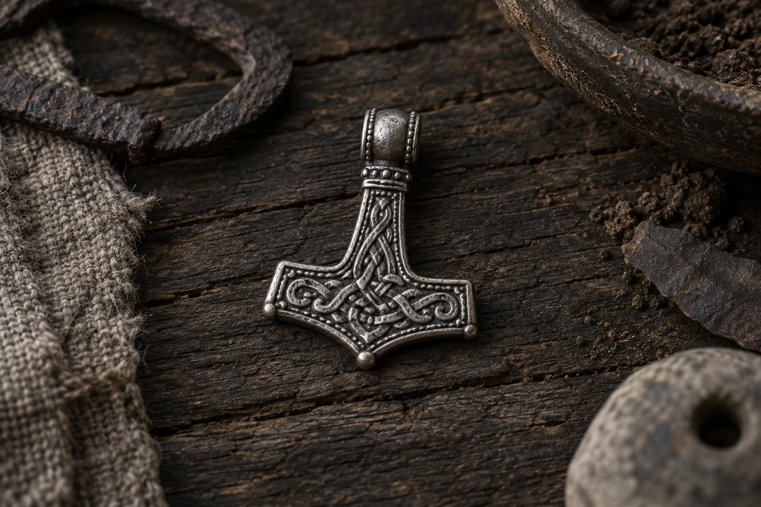 Silver Mjolnir pendant displayed on dark oak in soft museum light