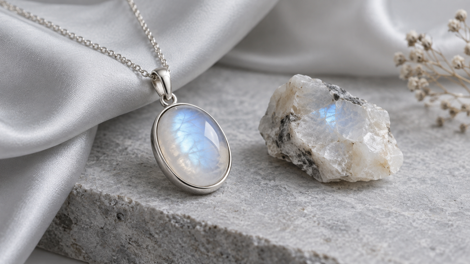 Silver moonstone pendant and rough feldspar specimen showing blue adularescence