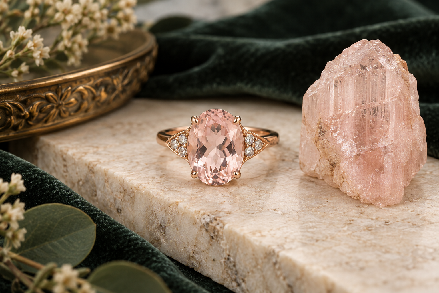 Blush pink morganite ring beside a pale pink beryl crystal