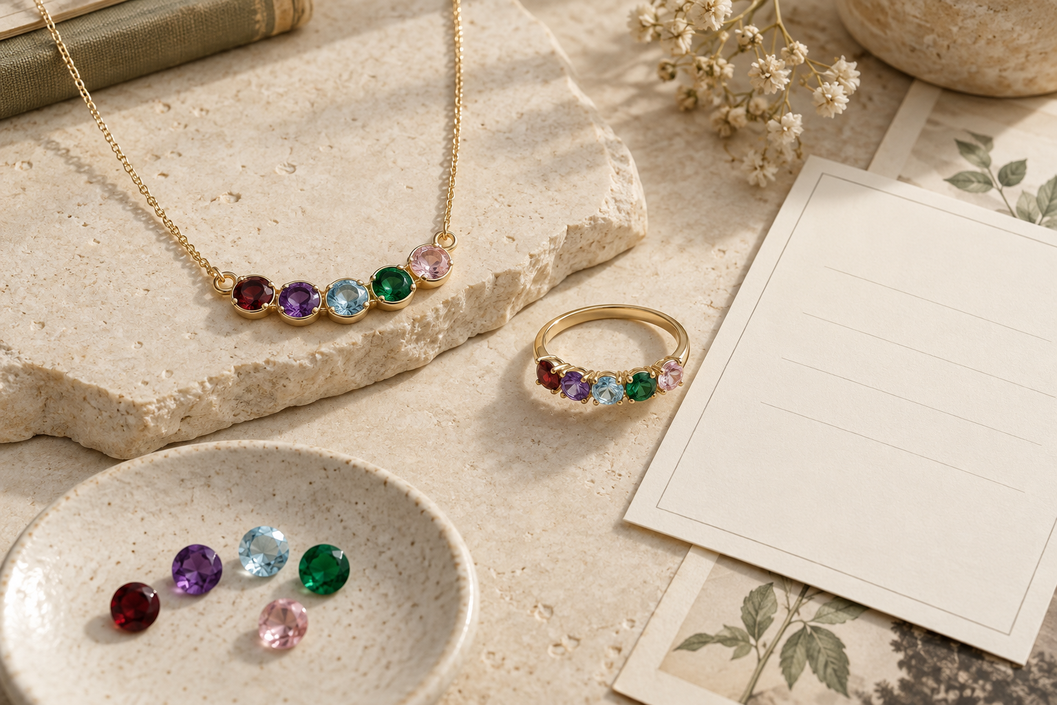 Mother's multi-birthstone necklace and ring beside a blank planning card