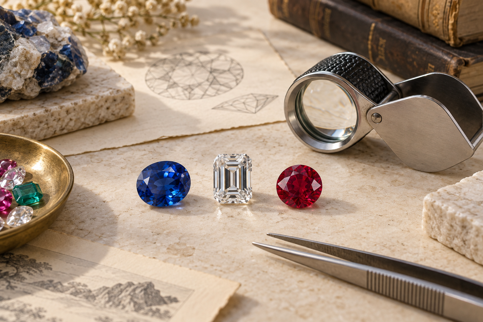 Three gemstone study samples beside a jeweler's loupe