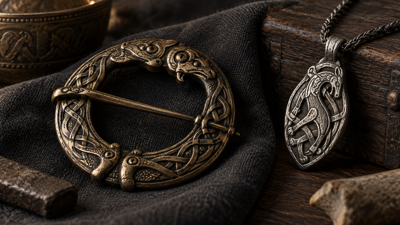 Bronze brooch and silver pendant with Viking animal-style interlace
