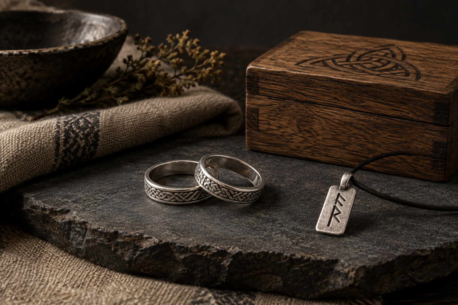 Interlocking silver rings and a modern runic name pendant arranged as a family gift