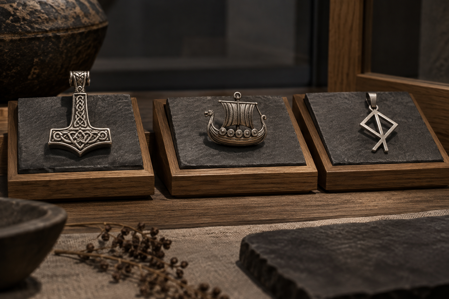 Hammer pendant, ship charm, and modern rune design separated on museum trays
