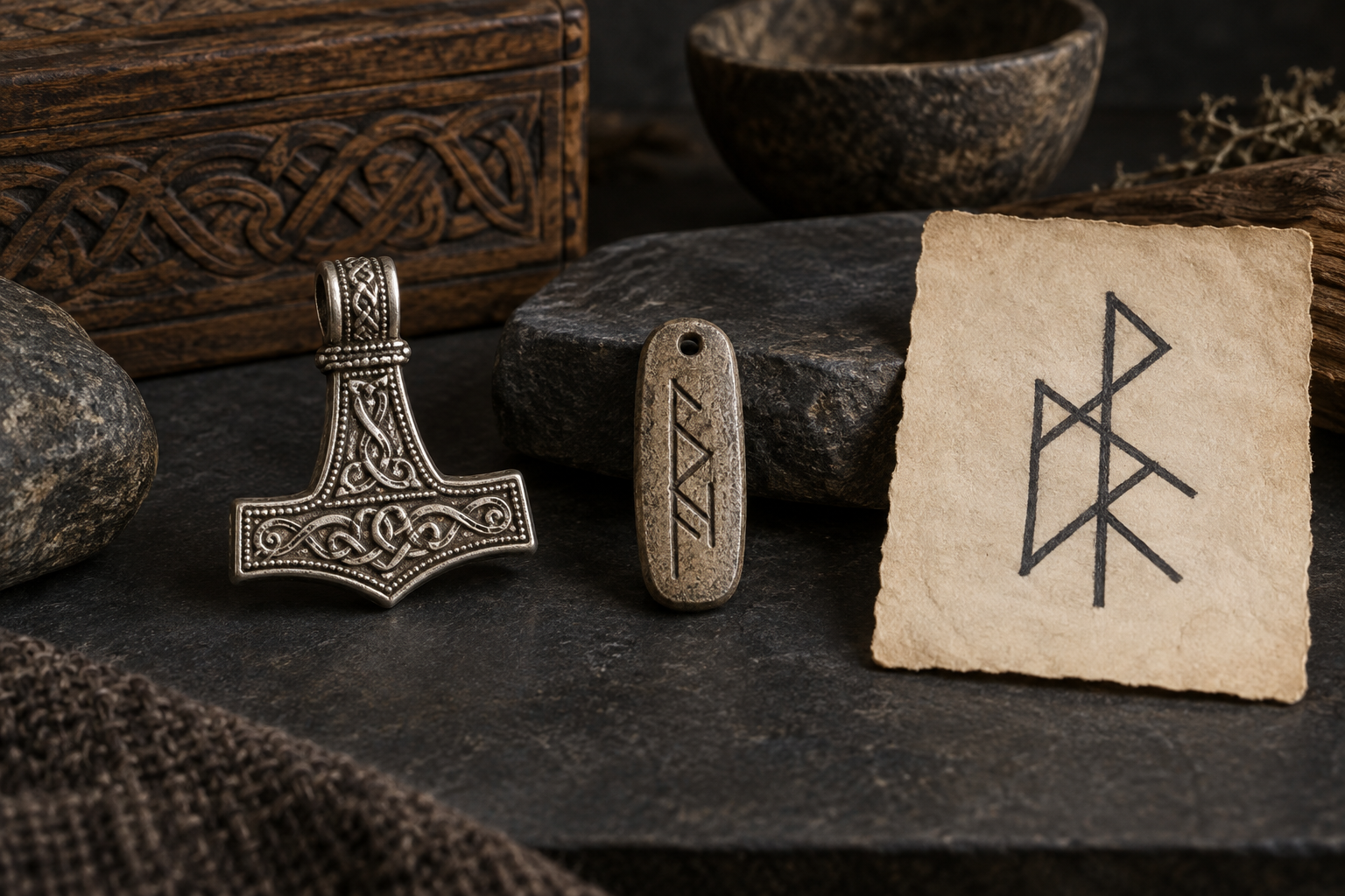 Silver Thor's hammer, runic pendant, and modern bindrune sketch displayed separately
