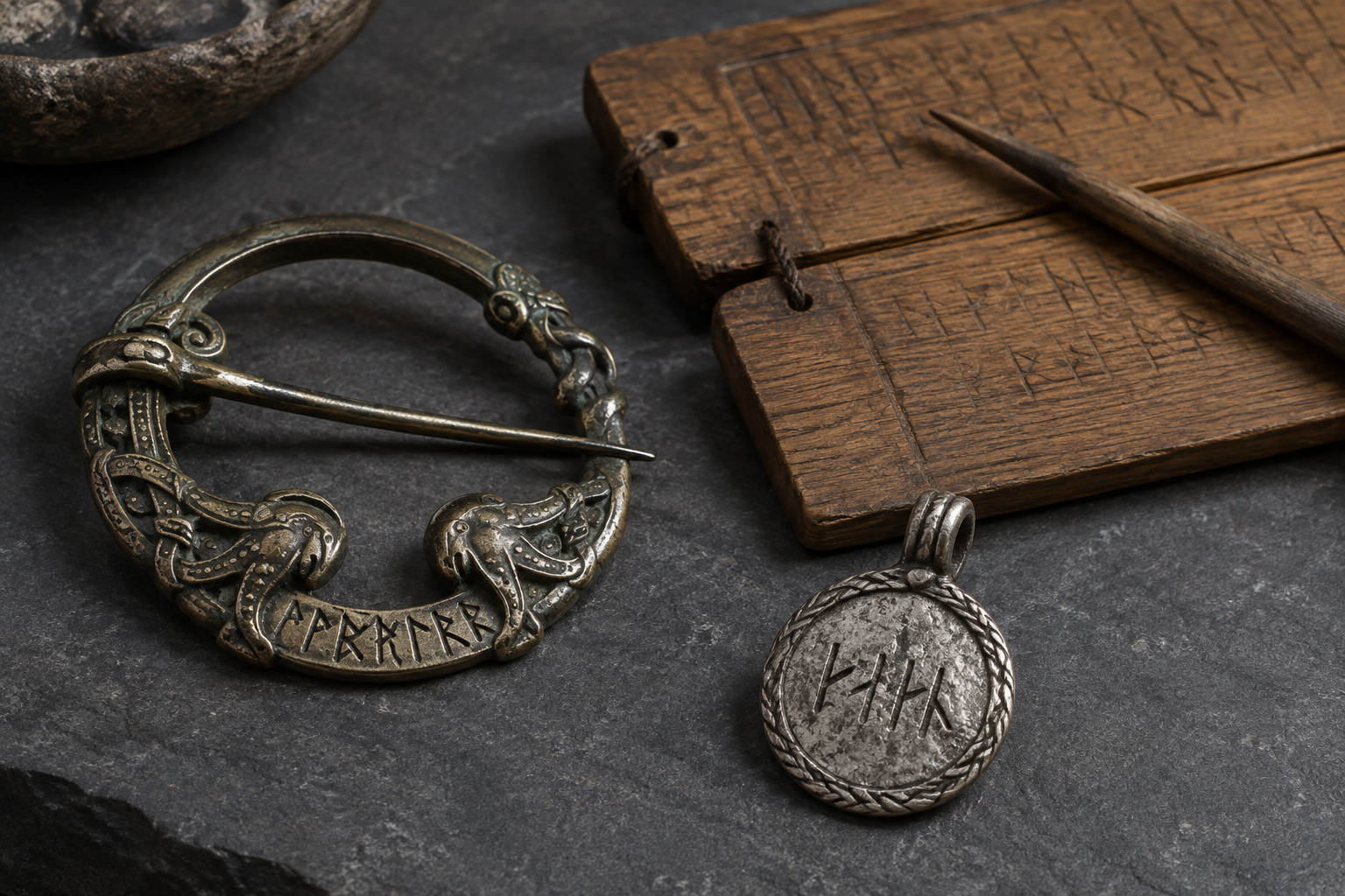 Viking Age style brooch and pendant with a restrained runic inscription