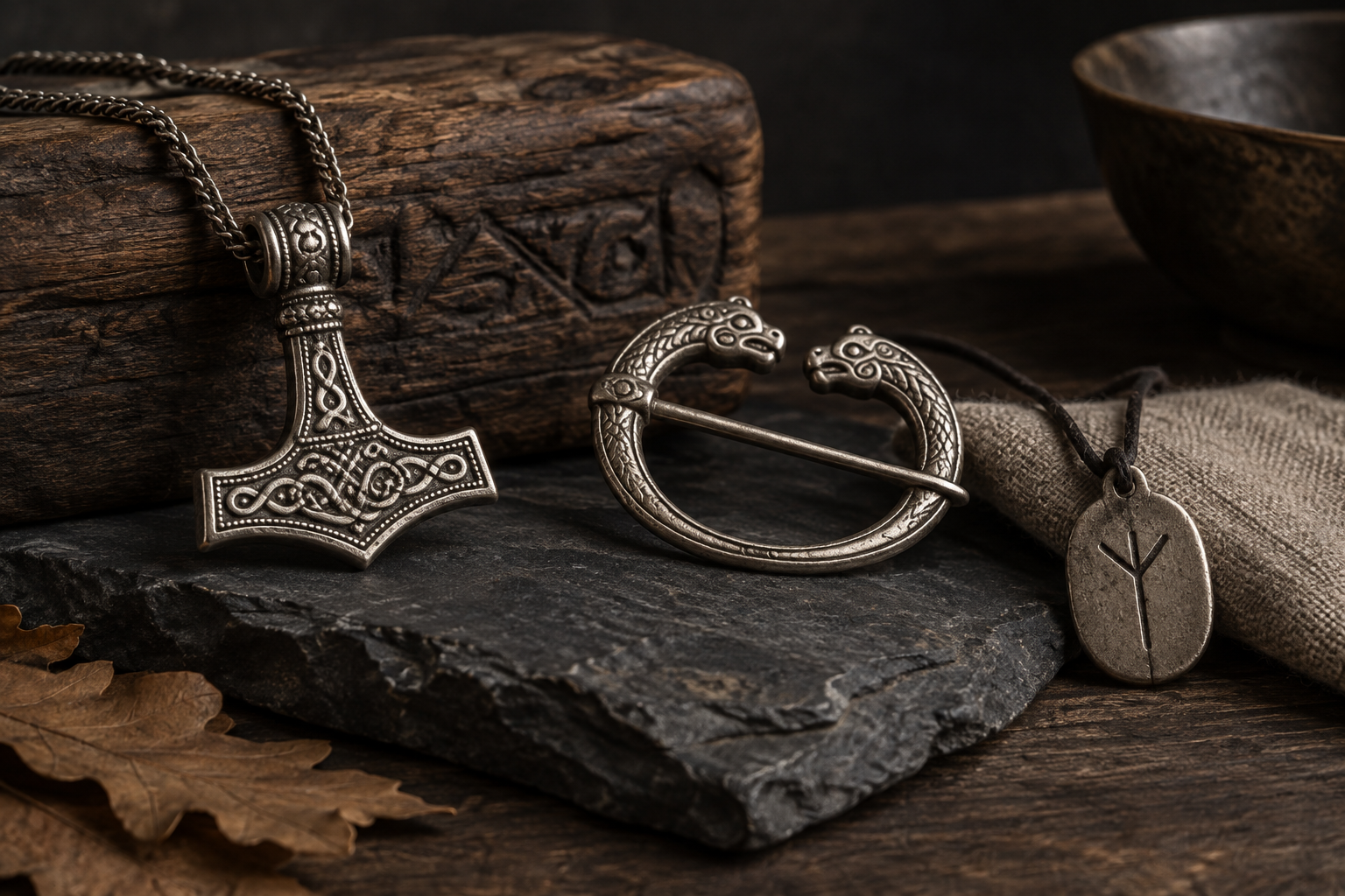 Silver hammer, animal-head brooch, and rune pendant in a restrained display