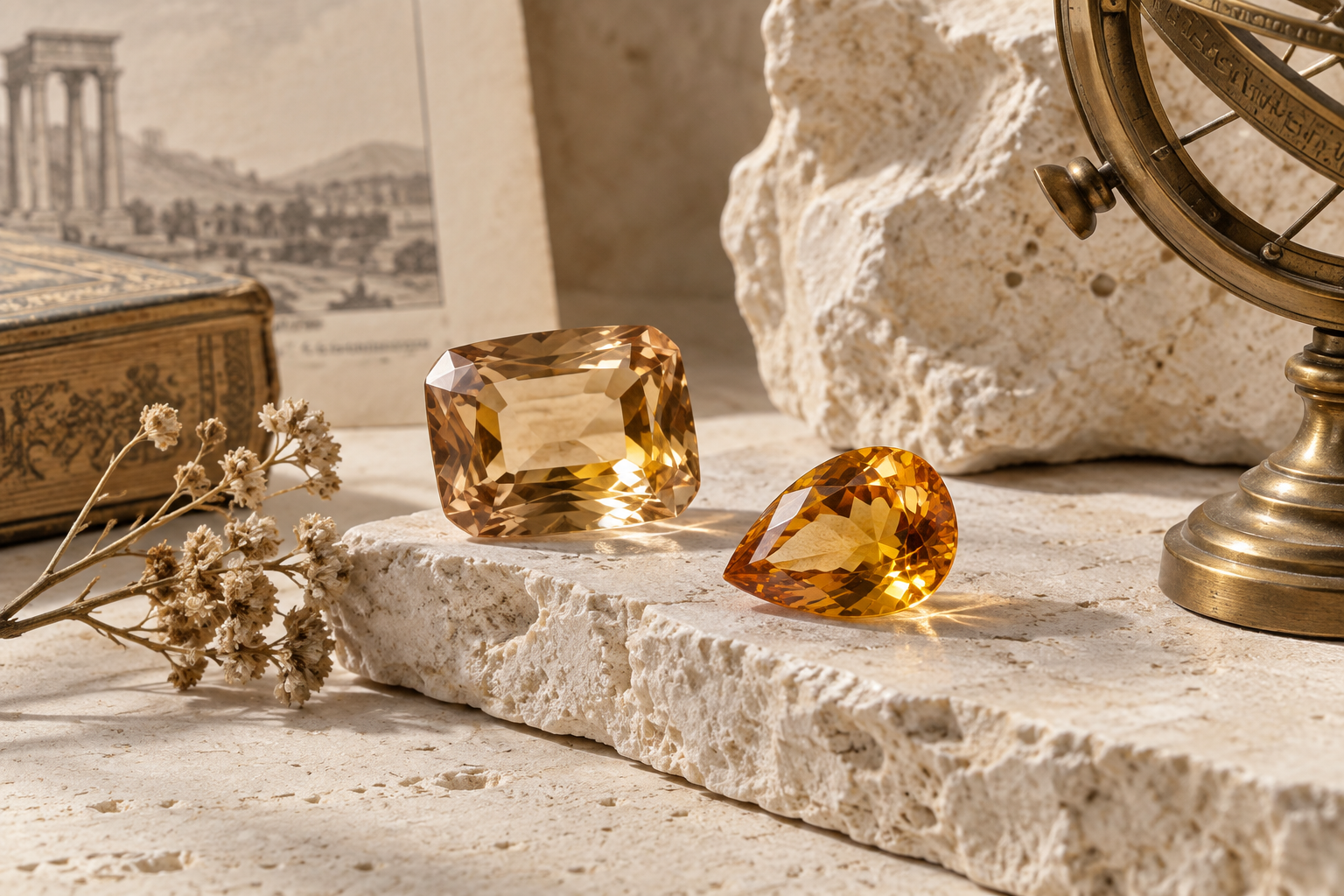Topaz and citrine gemstones in warm golden tones