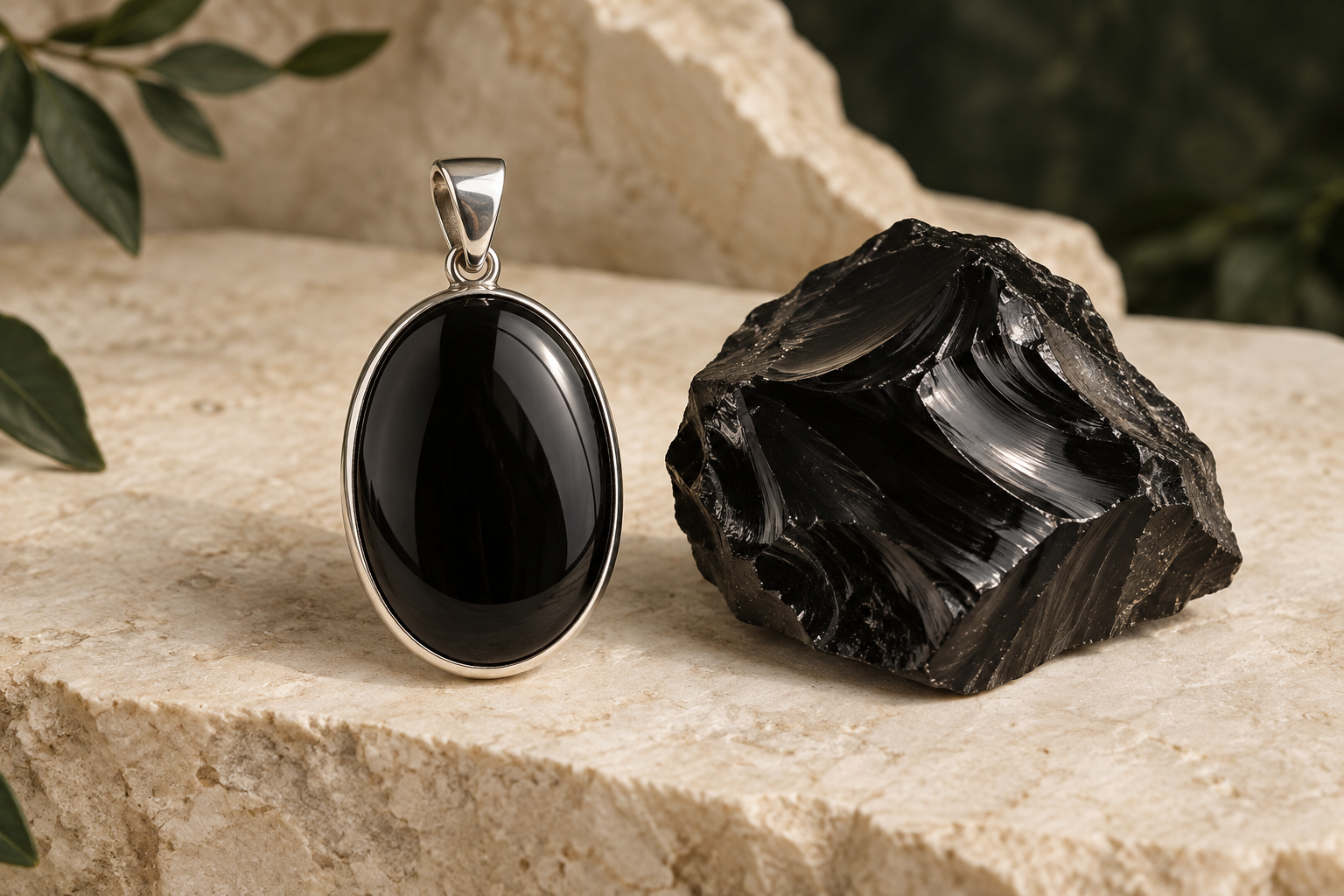 Glossy black obsidian pendant beside conchoidally fractured volcanic glass