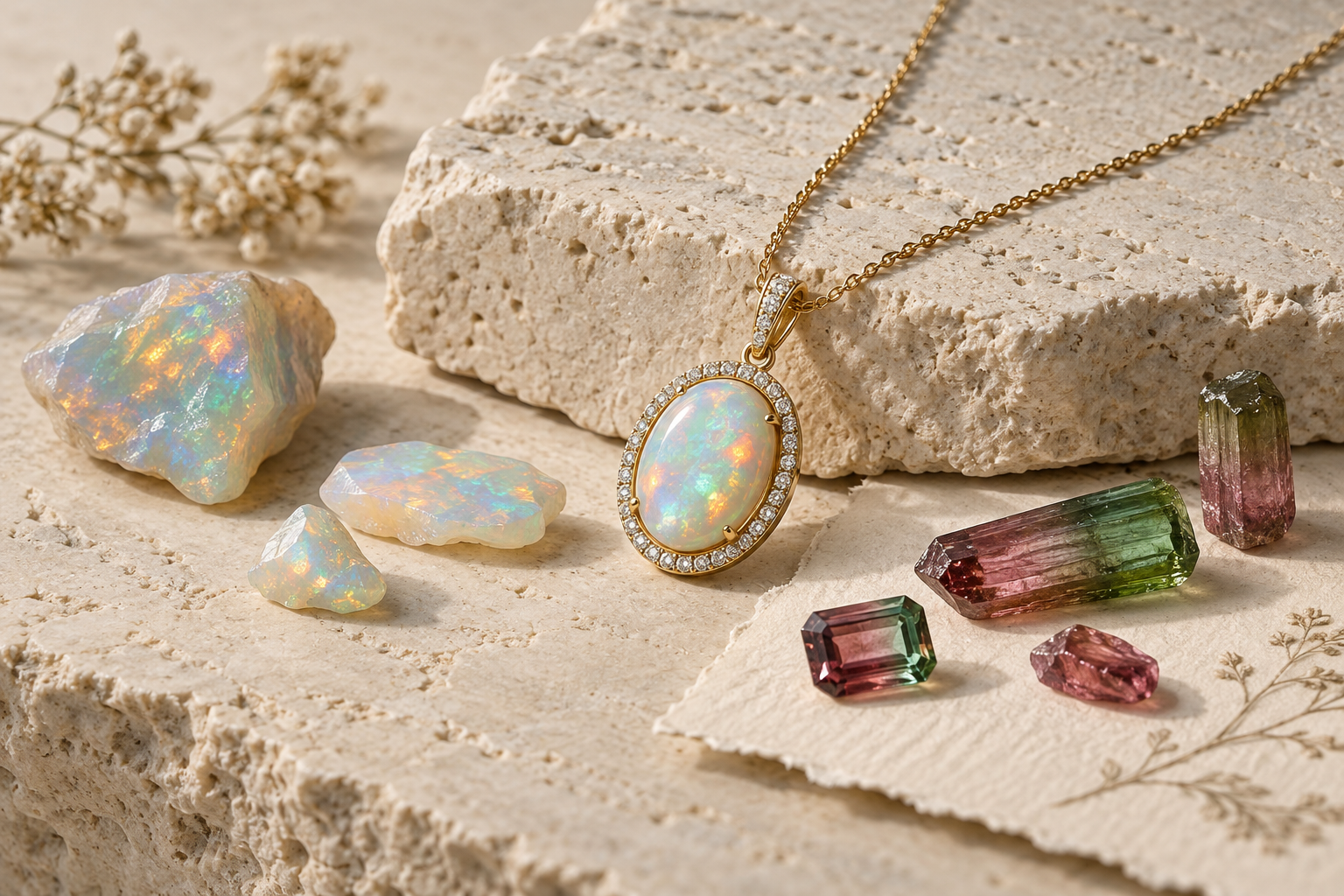 Opal pendant and multicolor tourmaline gemstones in a museum-style display