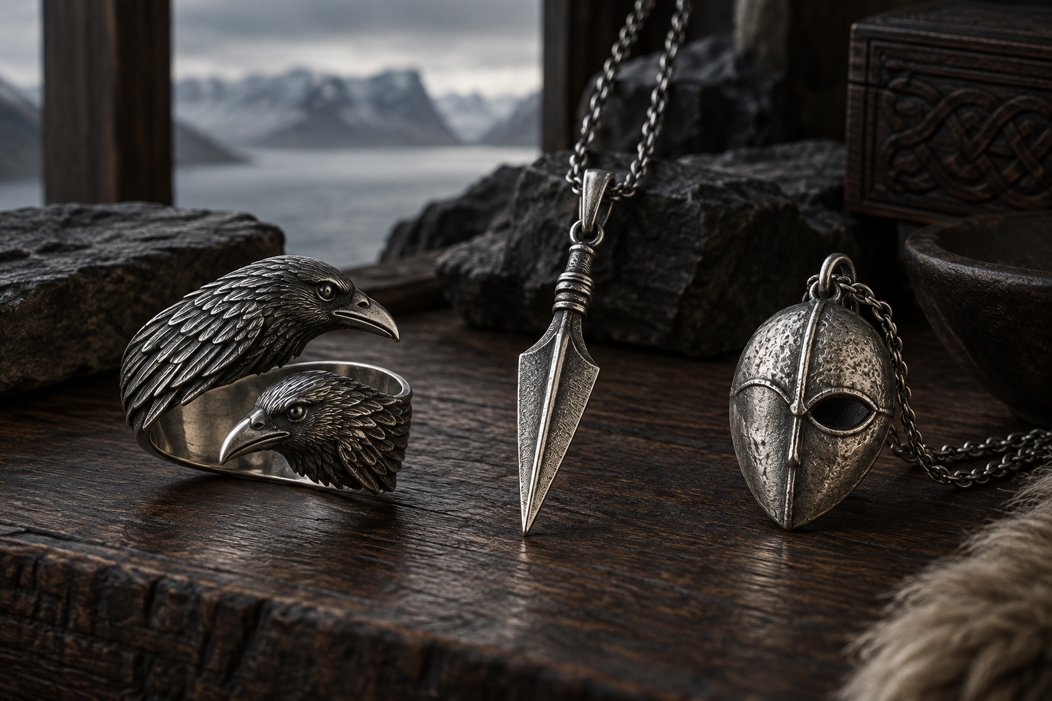 Modern silver jewelry with raven spear and one-eyed Odin motifs