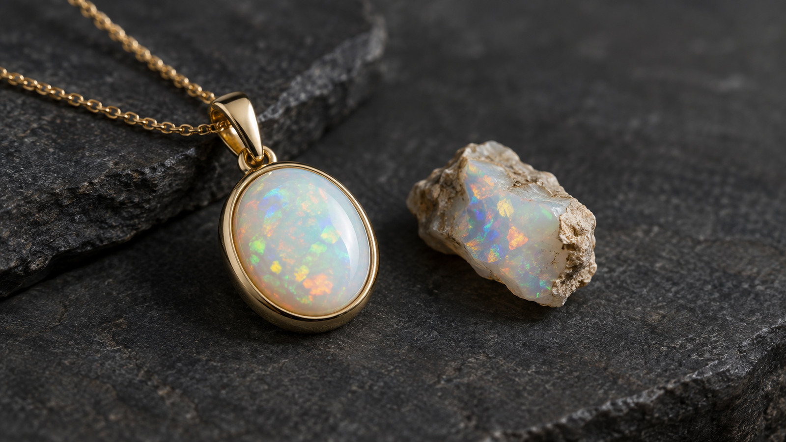 Gold white opal pendant and rough opal showing play-of-color