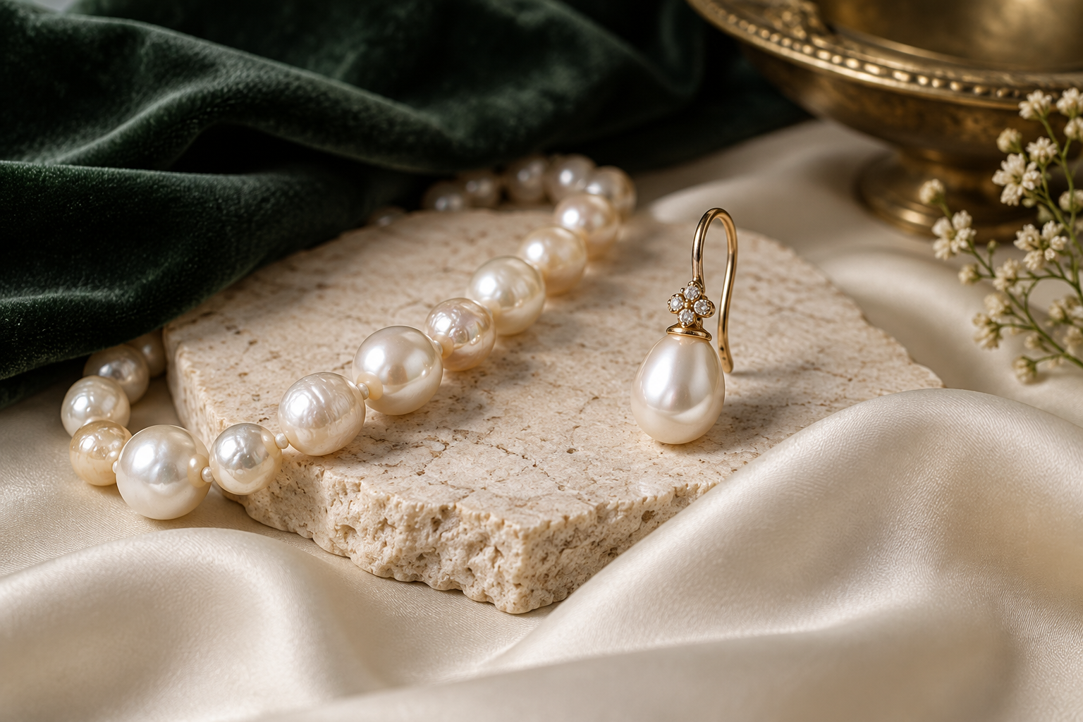 Cultured pearl drop earring and cream pearl strand on ivory silk