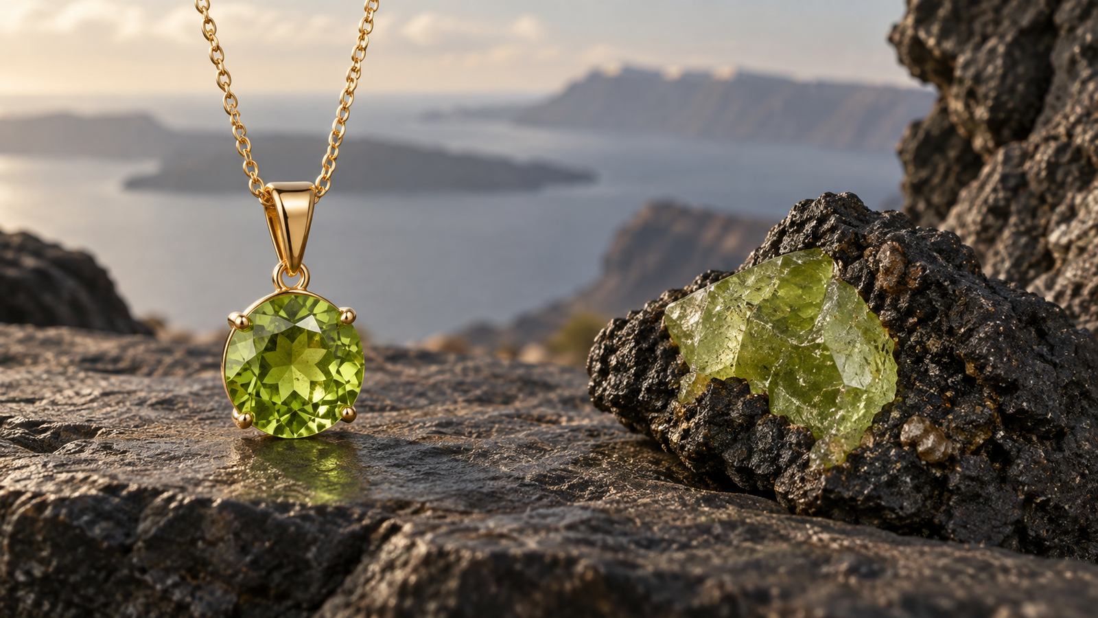 Gold peridot pendant beside a green olivine crystal in volcanic rock
