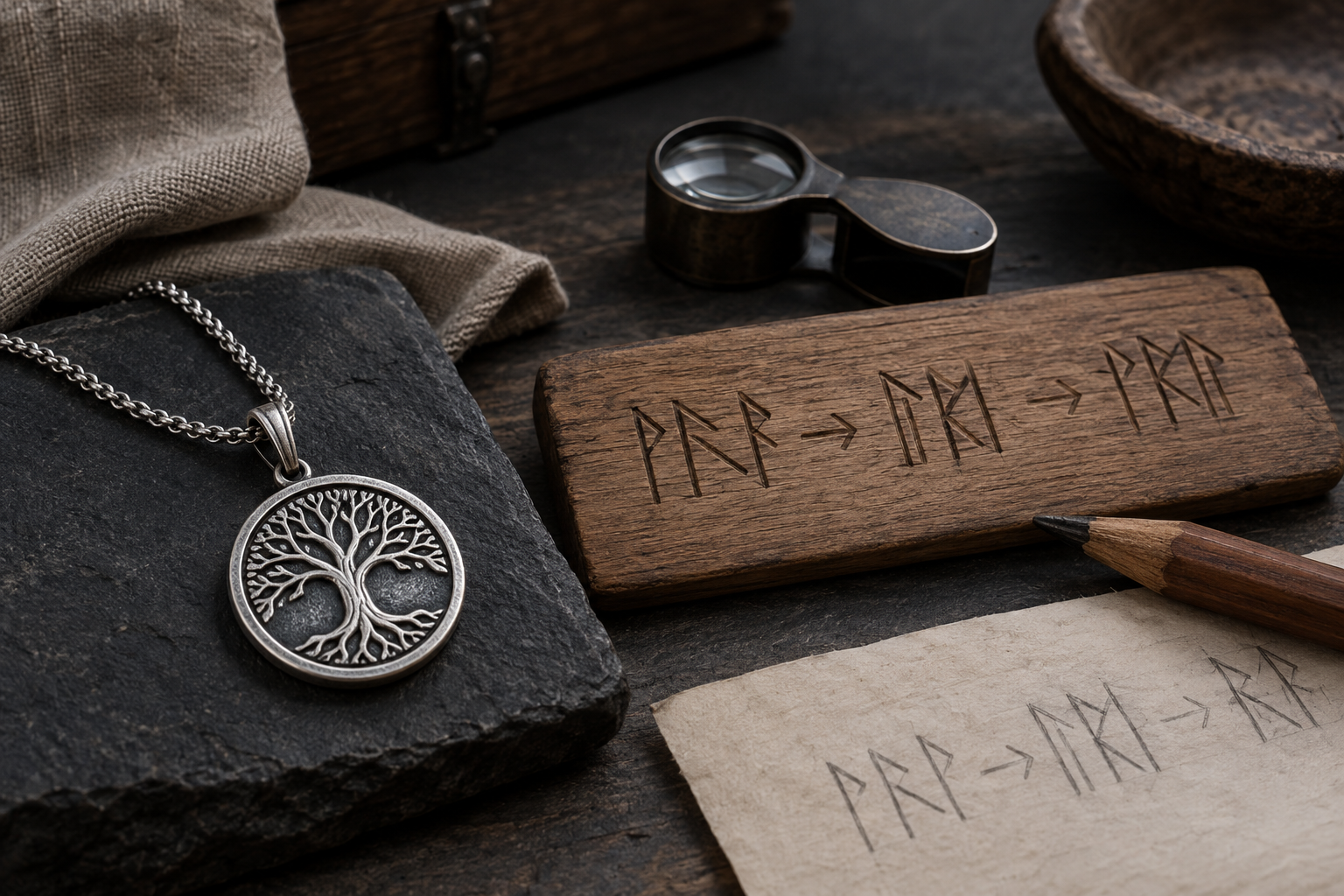 Personalized silver pendant beside a wooden rune reference and jeweler's loupe