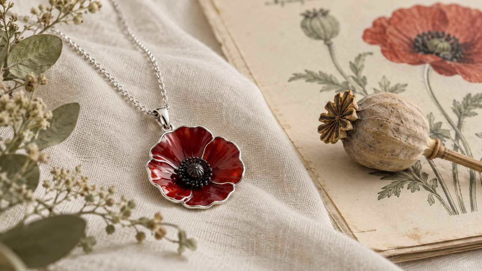 Red enamel poppy pendant beside a dried seed pod and an archival botanical illustration