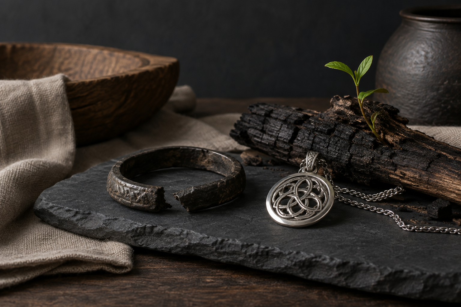 Cracked dark metal ring, renewed silver pendant, charred wood, and a green sprout