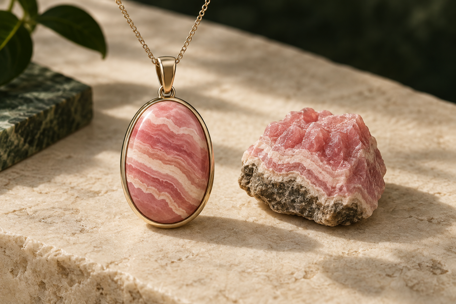 Banded pink rhodochrosite pendant beside a rough specimen