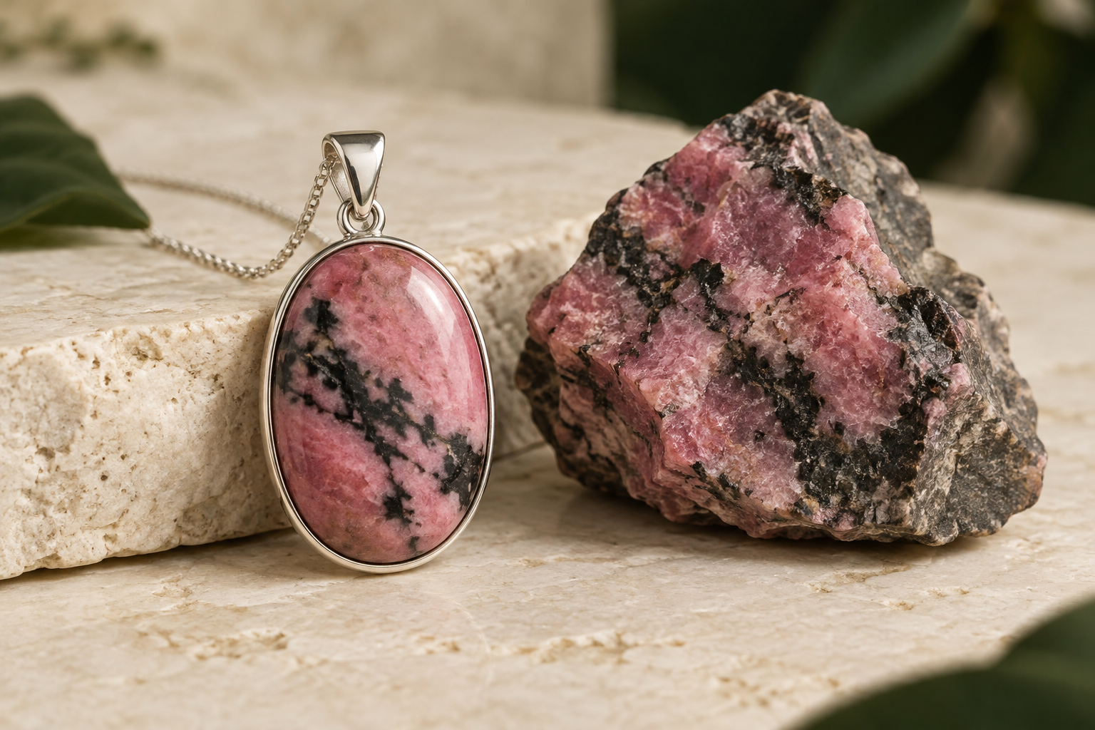 Pink rhodonite pendant with dark veining beside rough rhodonite