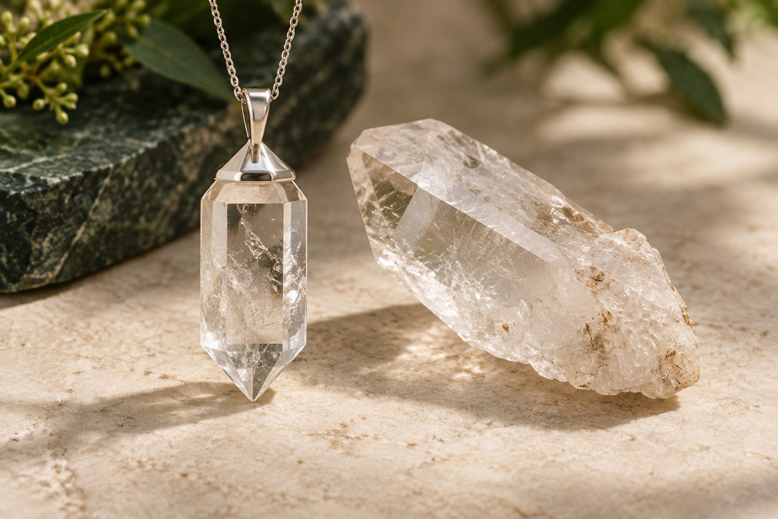 Clear rock-crystal quartz pendant beside a natural quartz point