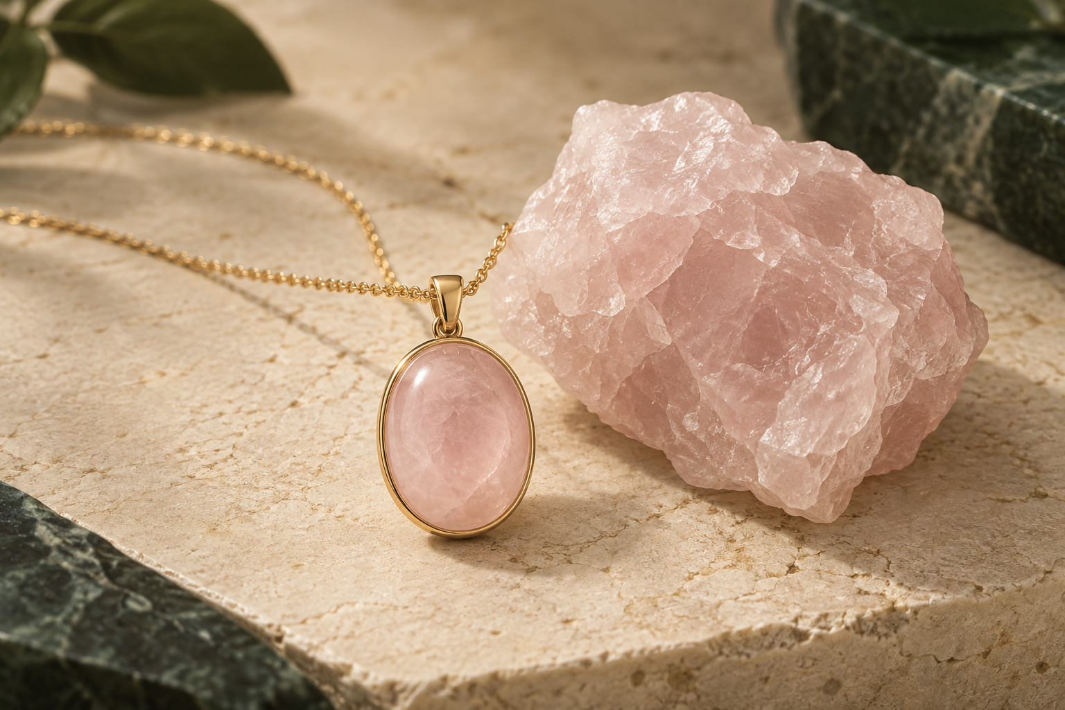 Soft pink rose-quartz necklace beside a rough rose quartz specimen