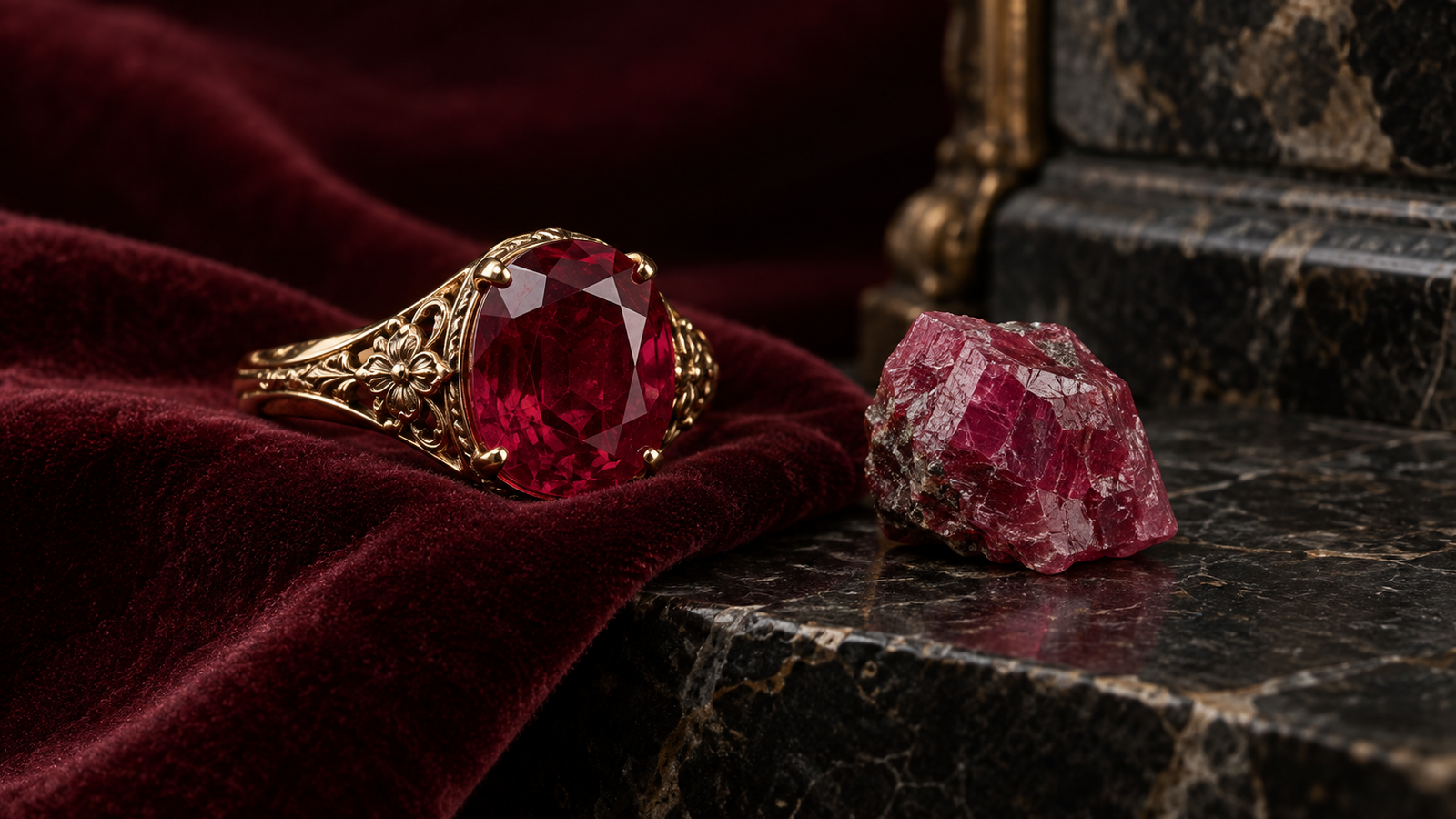 Gold ruby ring and rough red corundum displayed on burgundy velvet