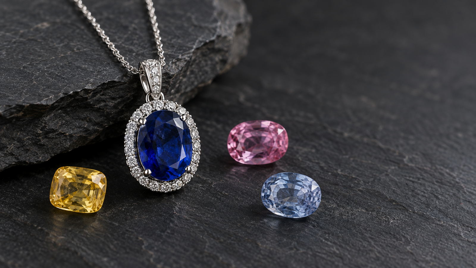 Blue sapphire pendant with loose yellow pink and pale blue sapphires