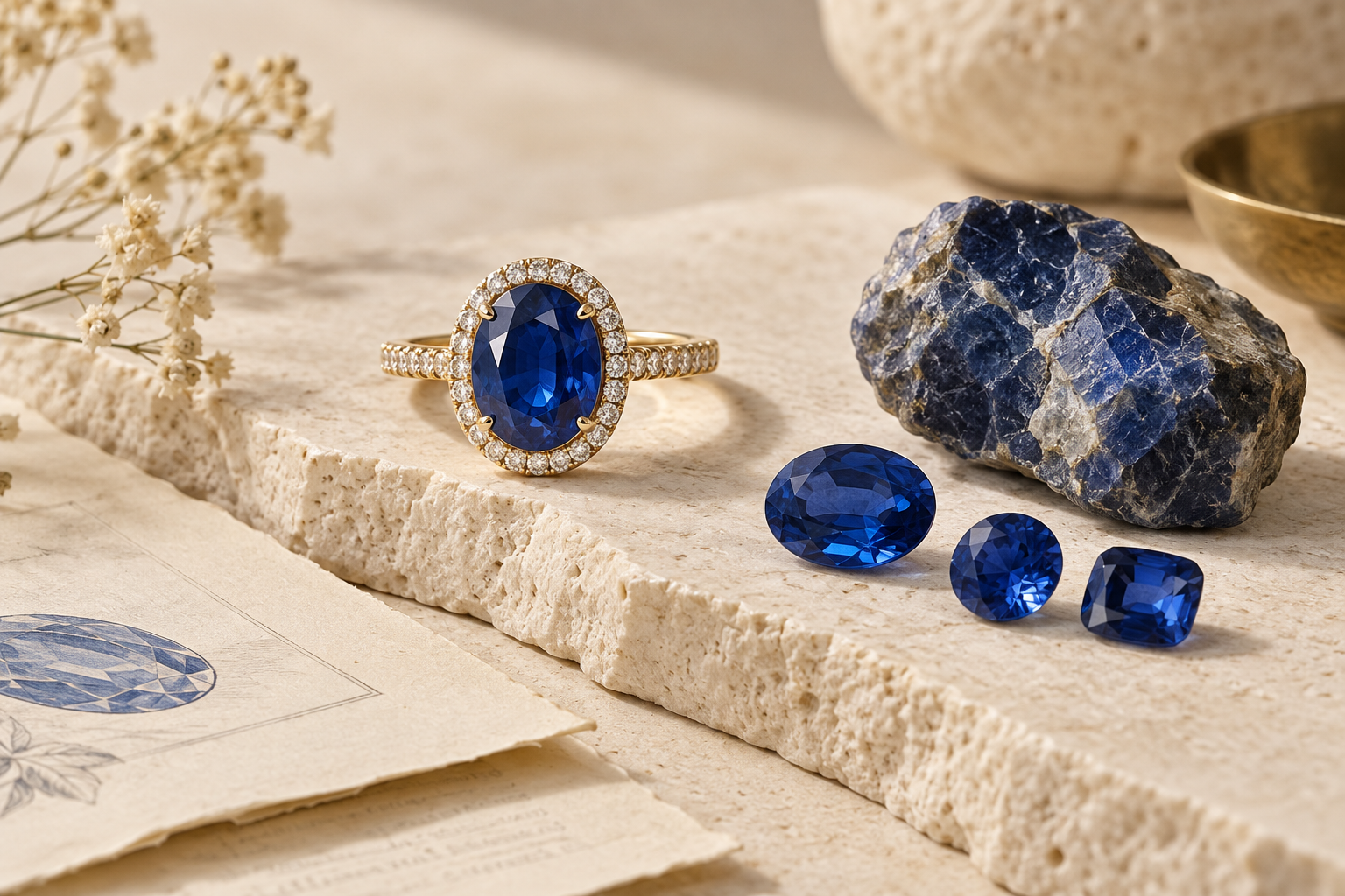 Blue sapphire ring and loose blue gemstones on ivory stone