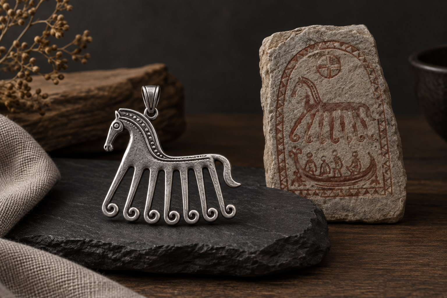 Silver eight-legged horse pendant beside a picture-stone-inspired miniature