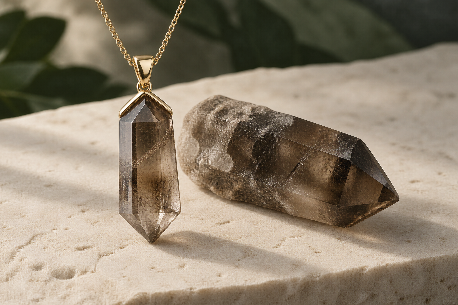 Smoky-brown quartz pendant beside a natural smoky quartz point