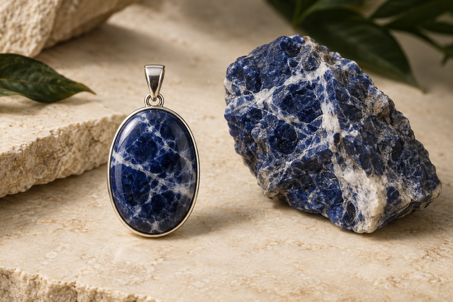 Royal-blue sodalite pendant with white veining beside a rough specimen