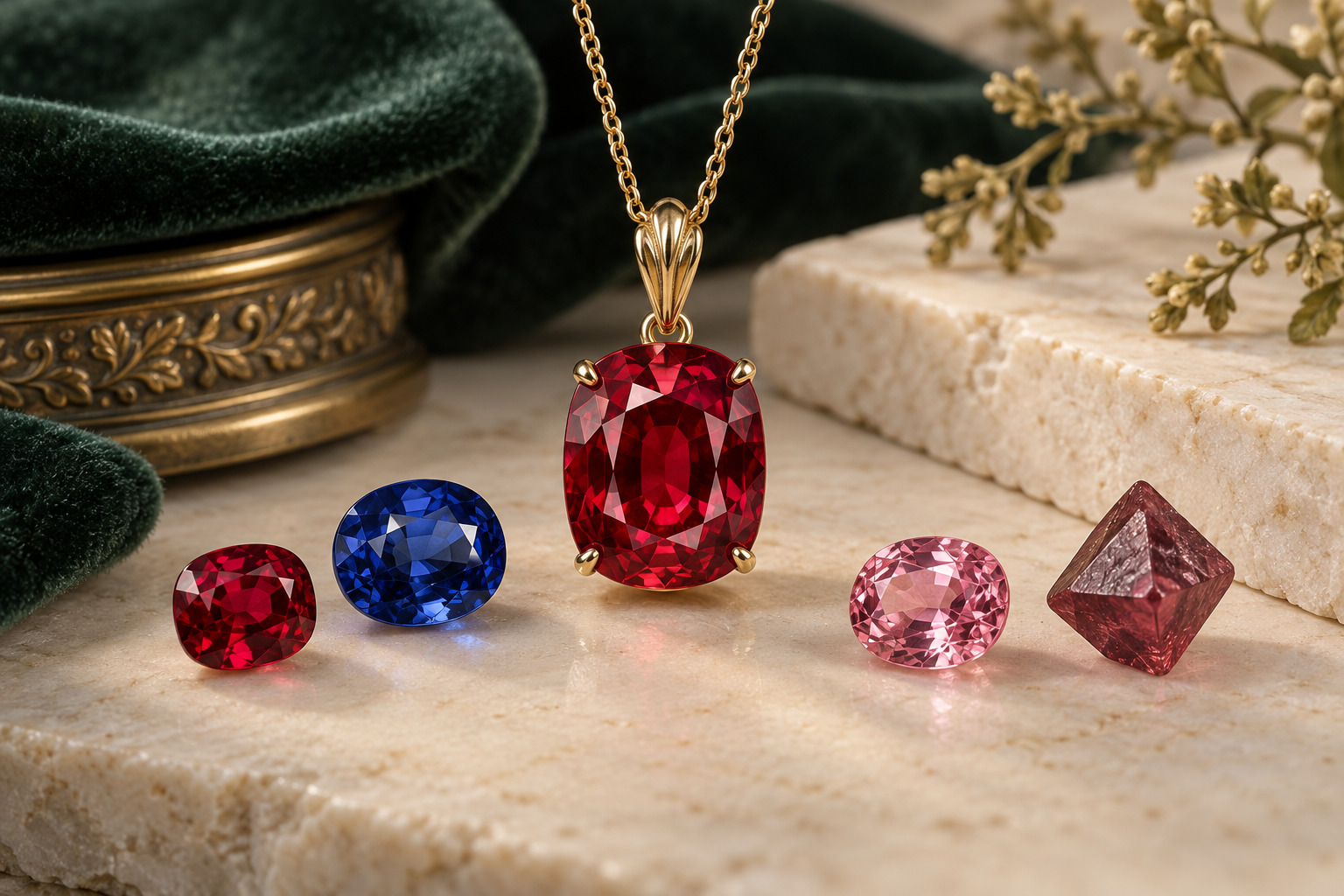Red spinel pendant with blue pink and red spinel gemstones