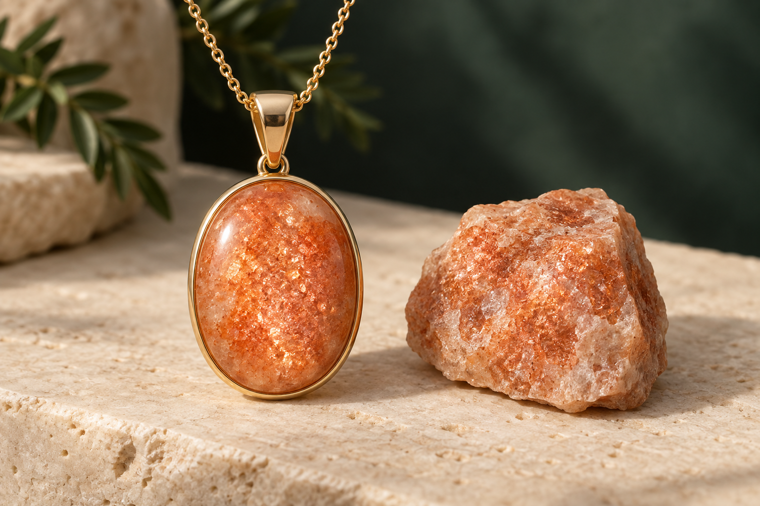 Peach sunstone pendant and rough feldspar showing aventurescence