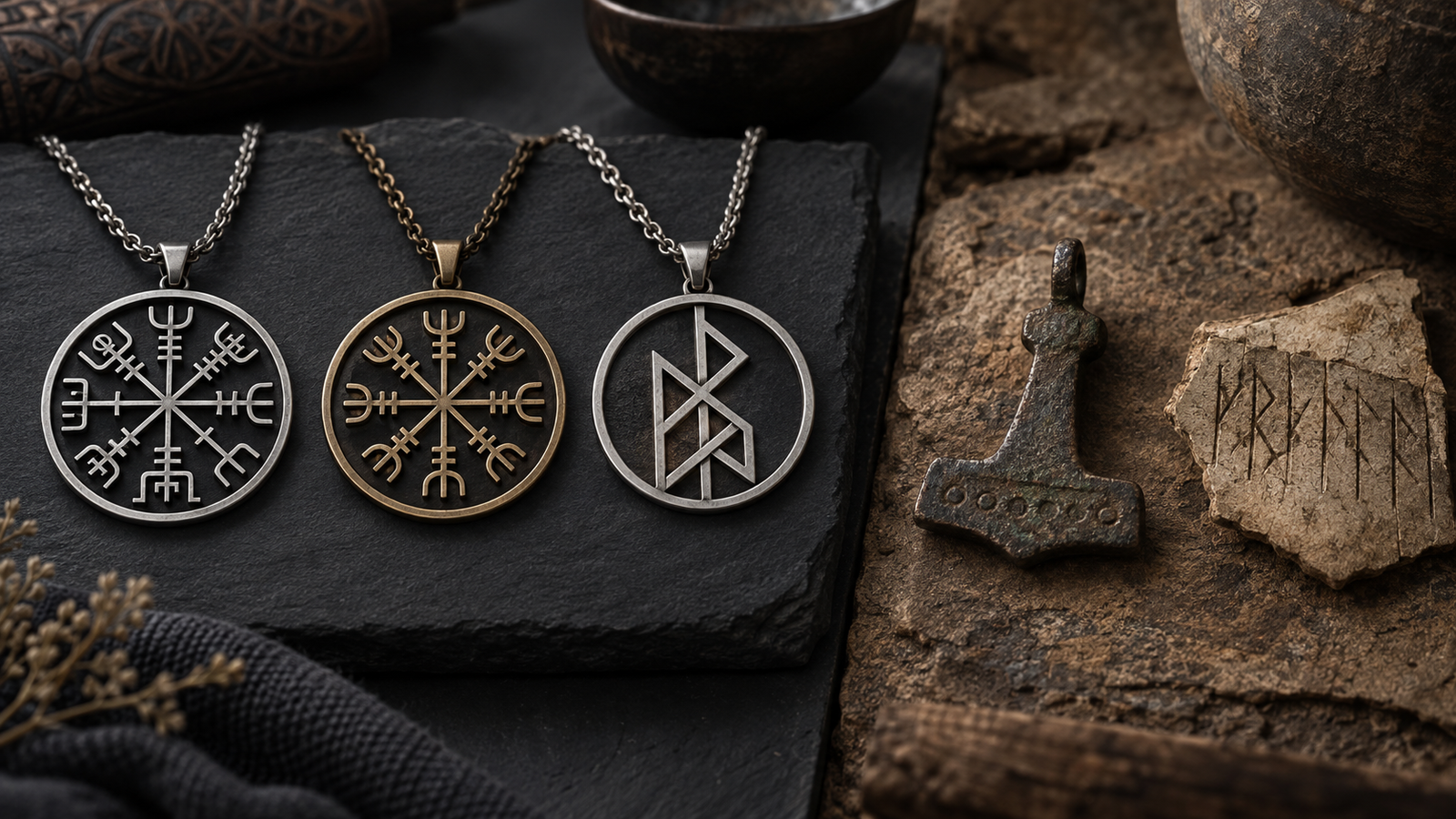 Modern radial staves and bindrune displayed separately from older hammer and runic objects
