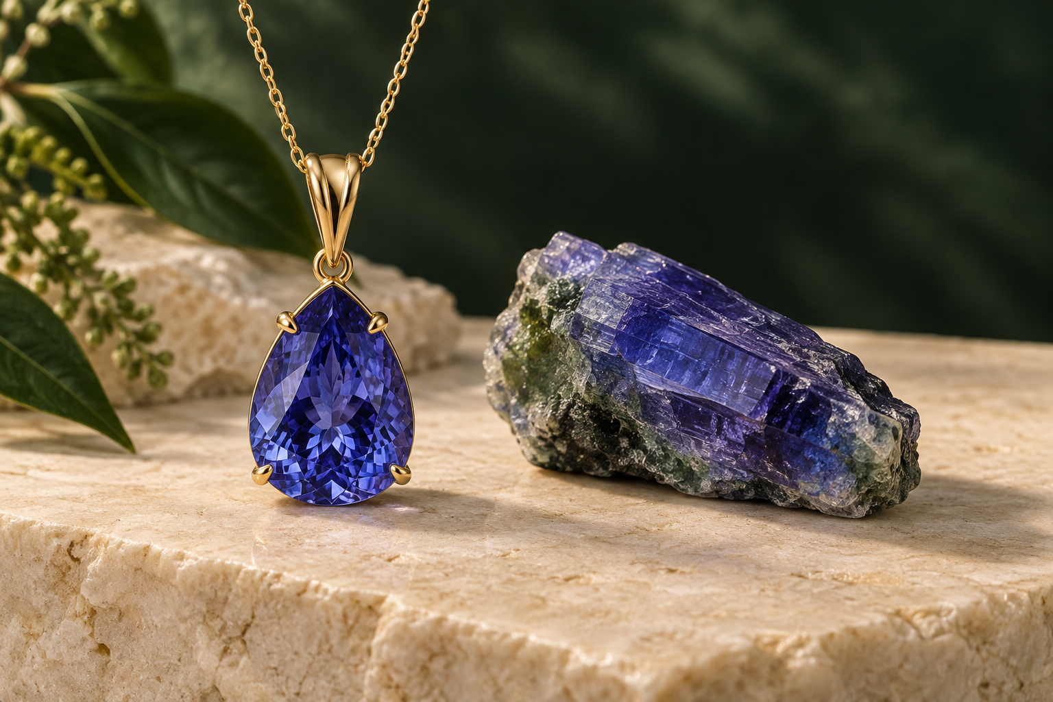 Blue-violet tanzanite pendant beside a rough zoisite crystal