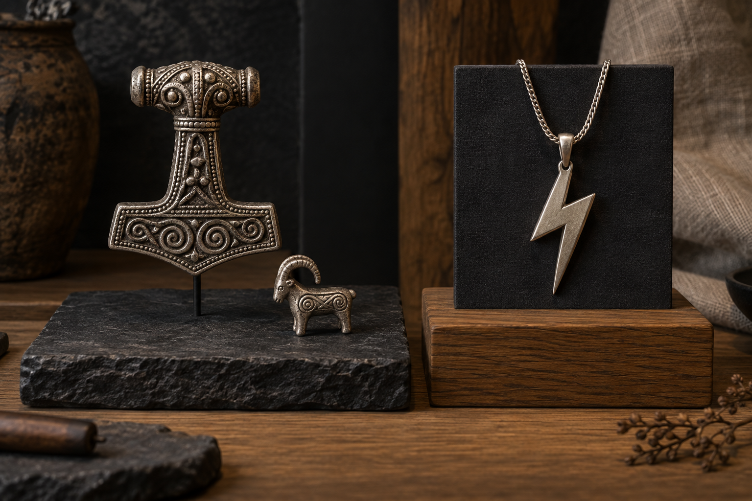 Thor's hammer, goat-form ornament, and modern lightning pendant displayed separately