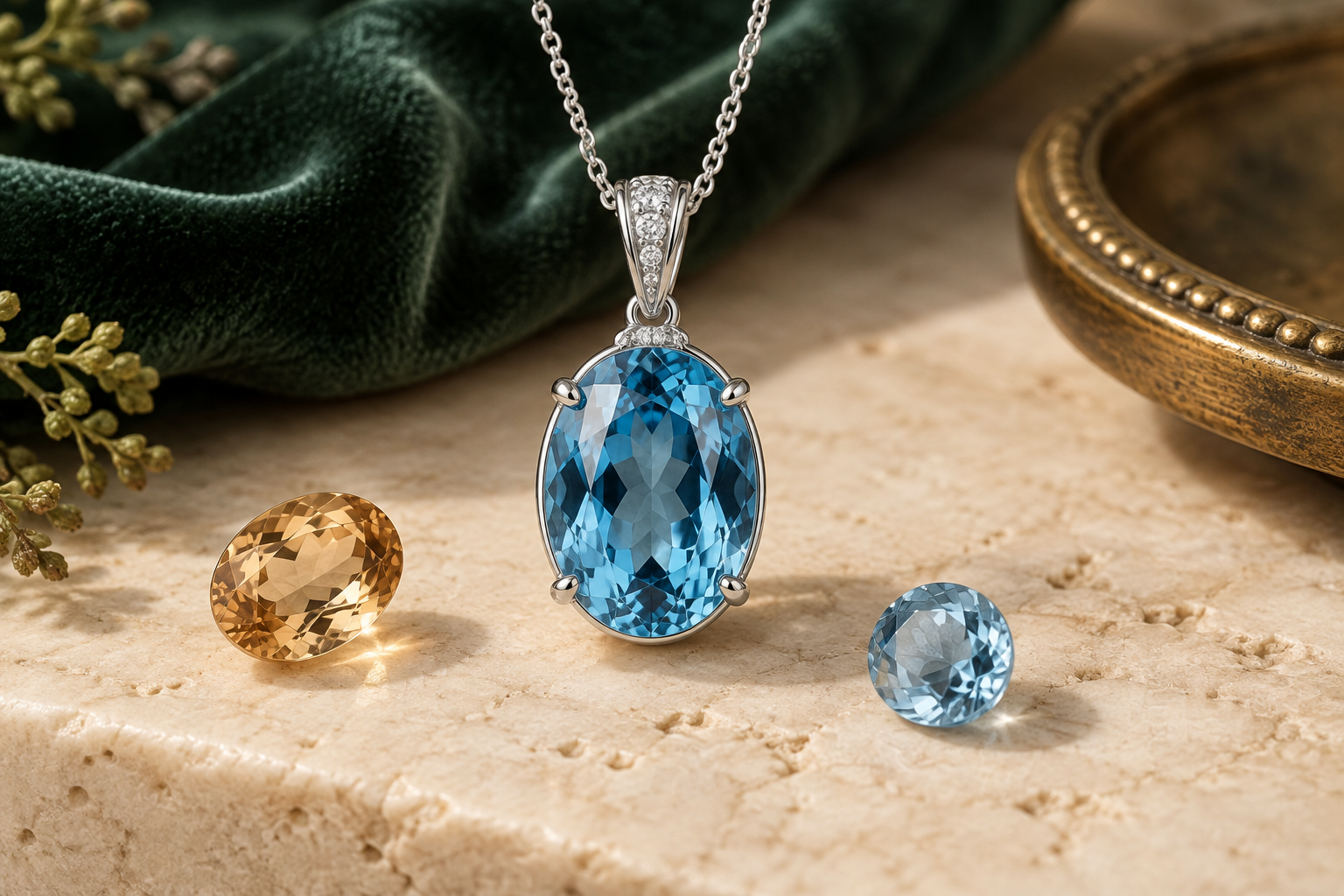 Blue topaz pendant with champagne and pale blue loose topaz gems