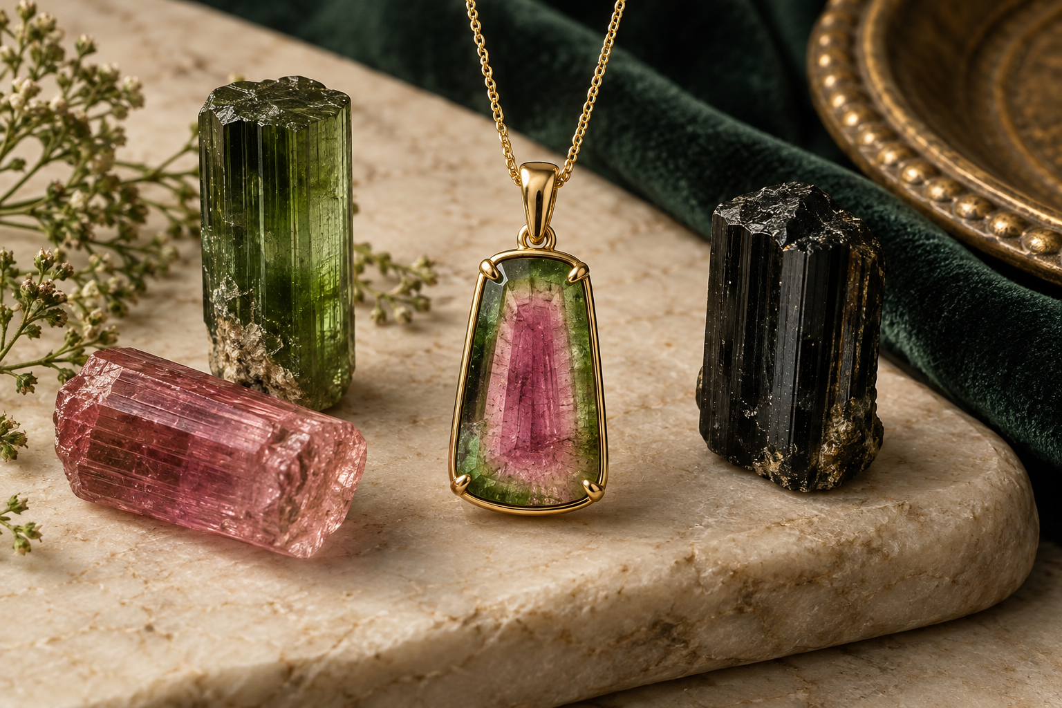 Watermelon tourmaline pendant with green pink and black tourmaline crystals