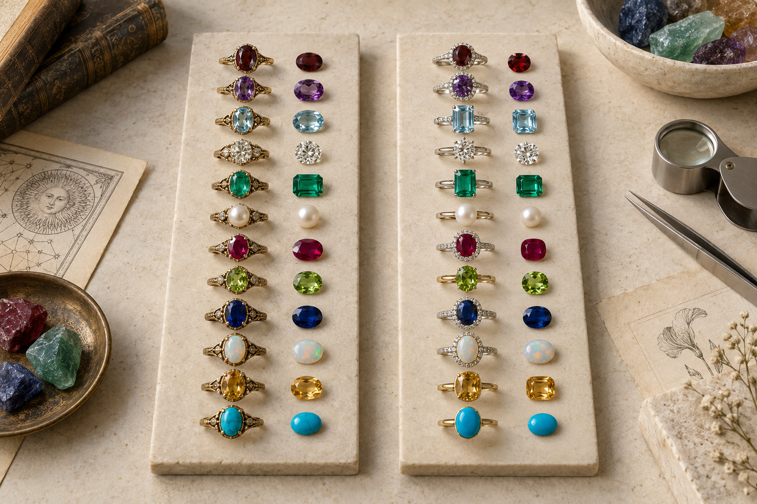 Parallel traditional and modern birthstone jewelry displays