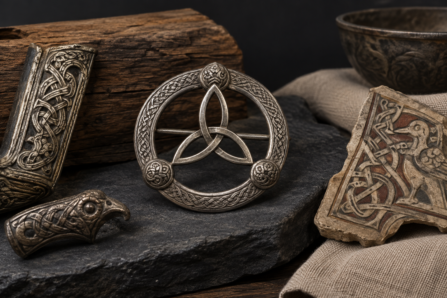 Three-lobed knot brooch with Scandinavian and Insular-style ornament fragments