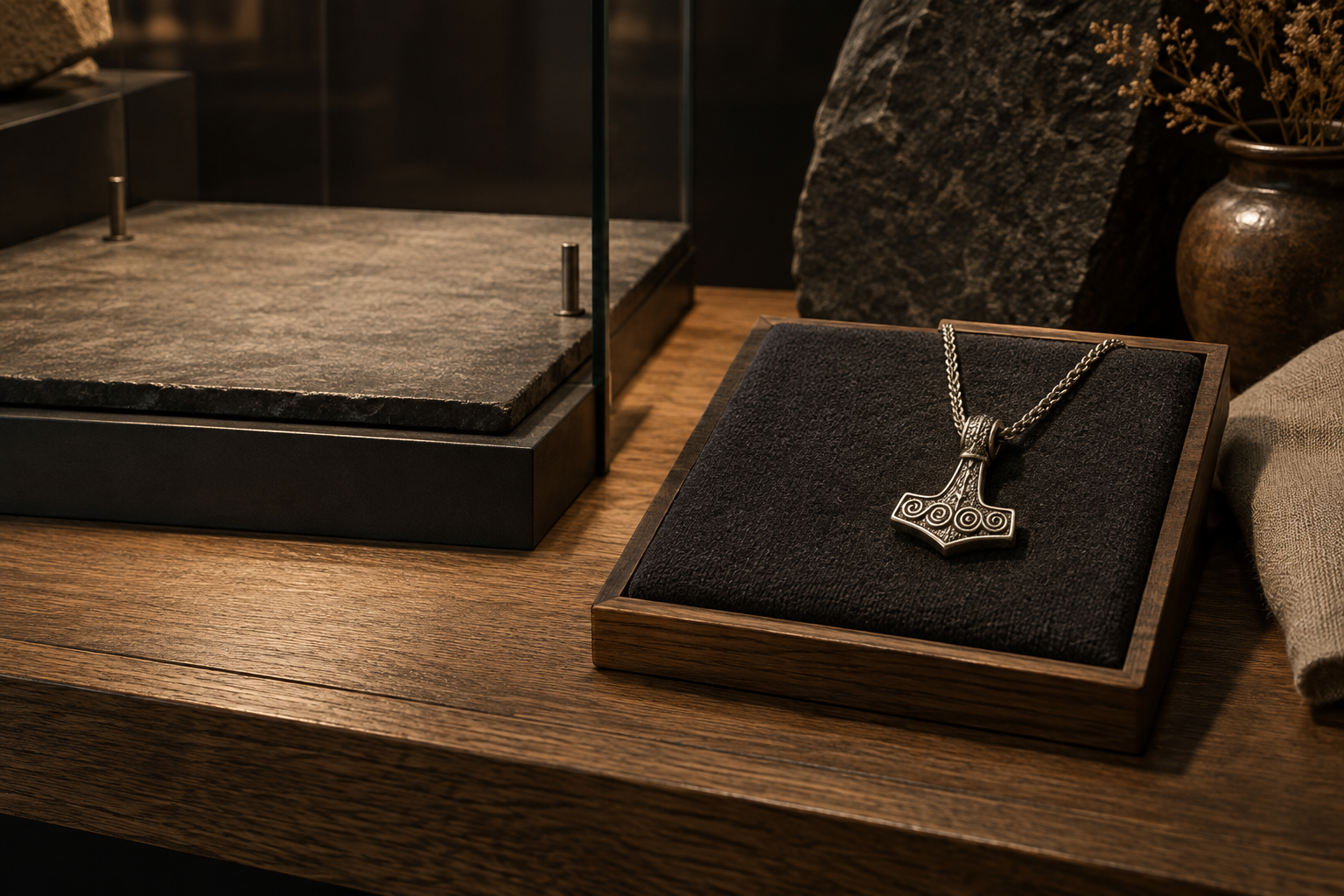 Modern bent-iron Troll Cross pendant separated from an archaeological display area