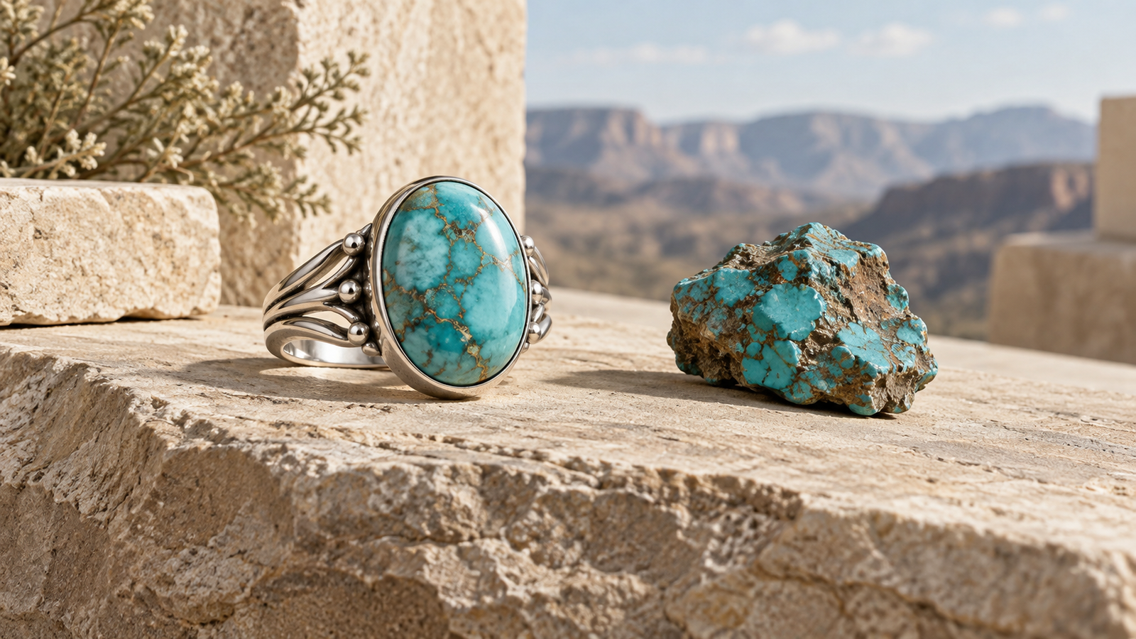Silver turquoise ring with a rough turquoise specimen on pale sandstone