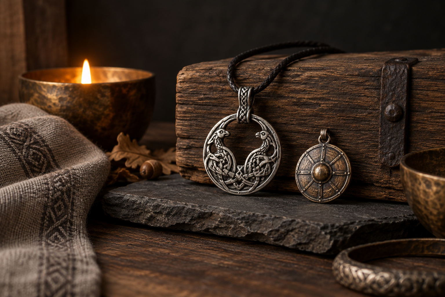 Silver hall-door pendant, shield-form charm, and memorial candle